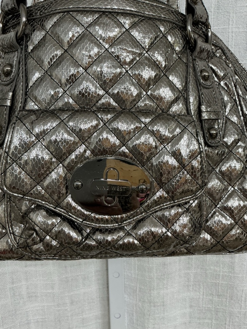 NEW Nine West Metallic Quilted Satchel - Silver Pewter - Picture 2 of 7
